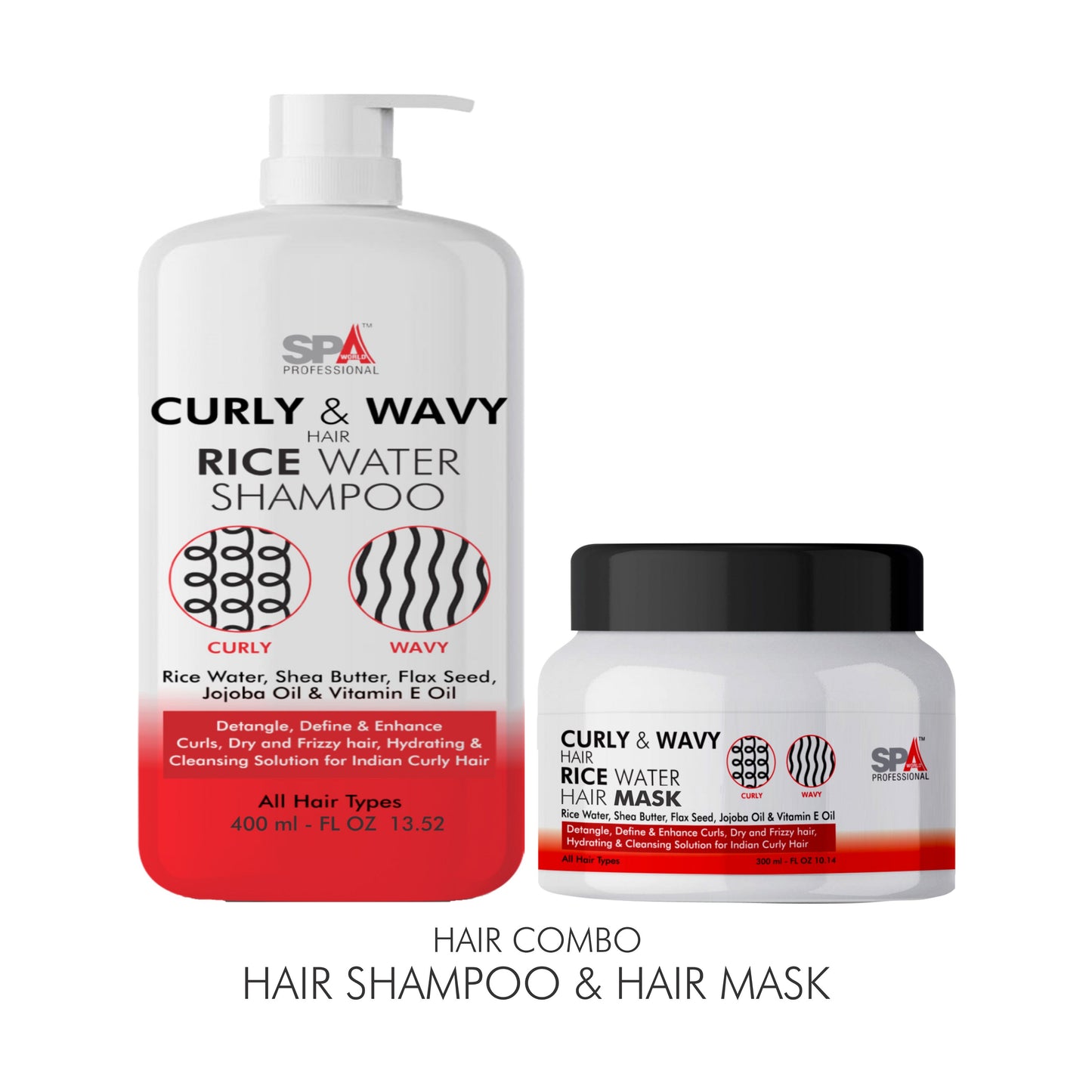 Curly & Wavy Hair Rice Water Shampoo 400ml & Hair Mask 300ml- Detangle, Define & Enhance Curls, Dry and Frizzy Hair, Hydrating & Cleansing Solution for Curly Hair