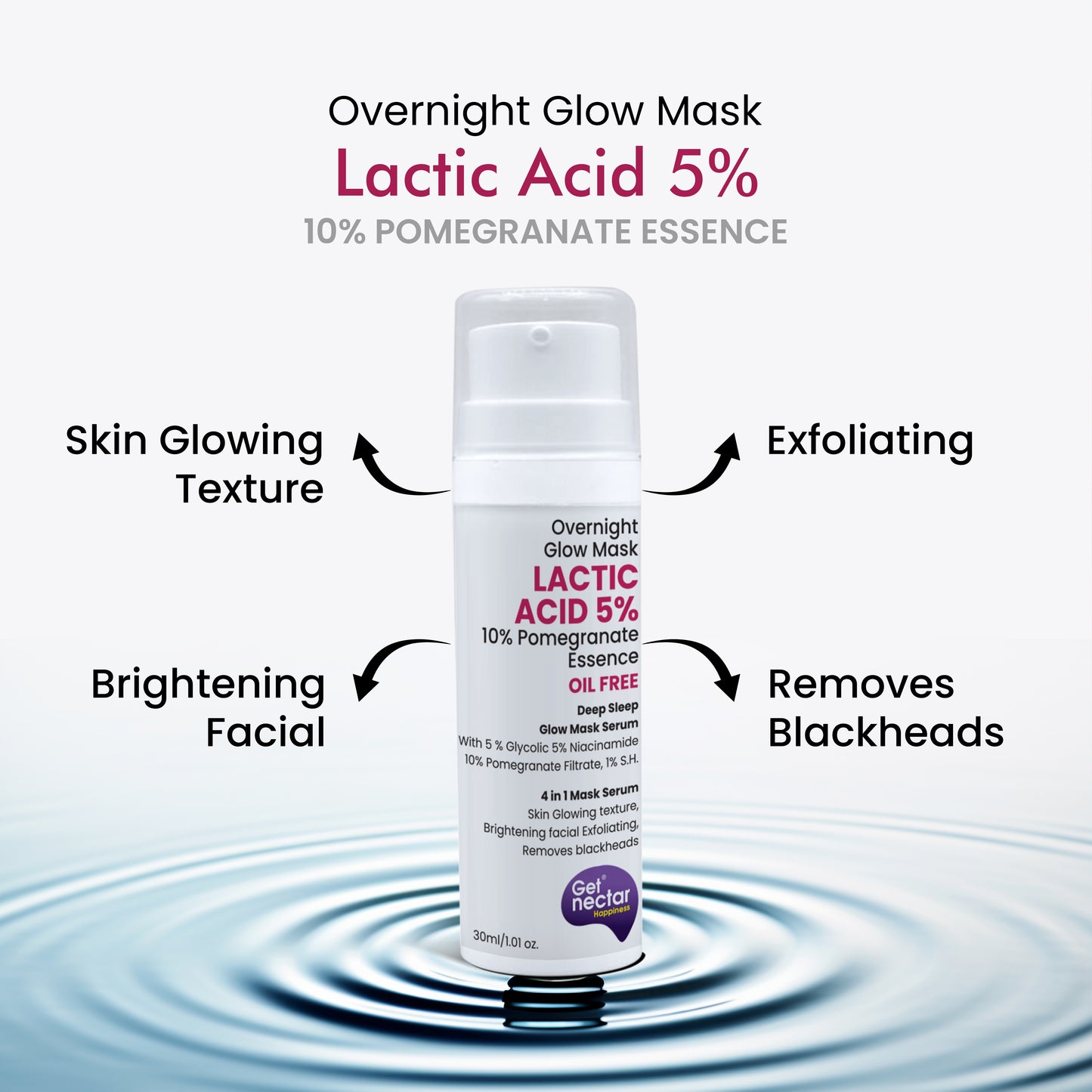 Getnectar Lactic Acid 5% Overnight Glow Mask (Oil Free) with 10% Pomegranate Essence for Skin Glowing texture, Brightening Facial Exfoliating, Removes Blackheads