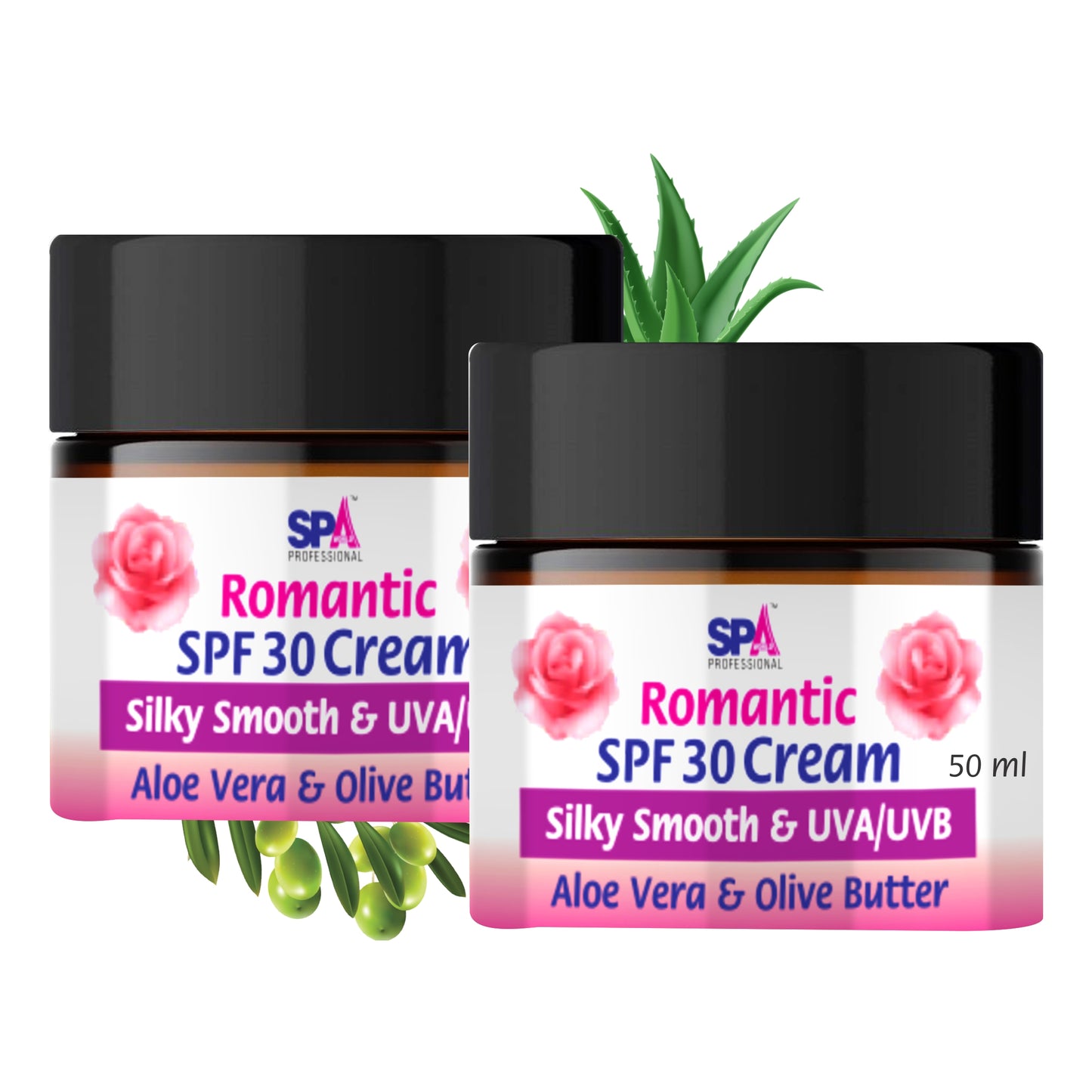 Romantic Face Cream with SPF 30 - Silky Smooth, Glow & UVA/UVB- Aloe Vera & Olive Butter- 50+50ml