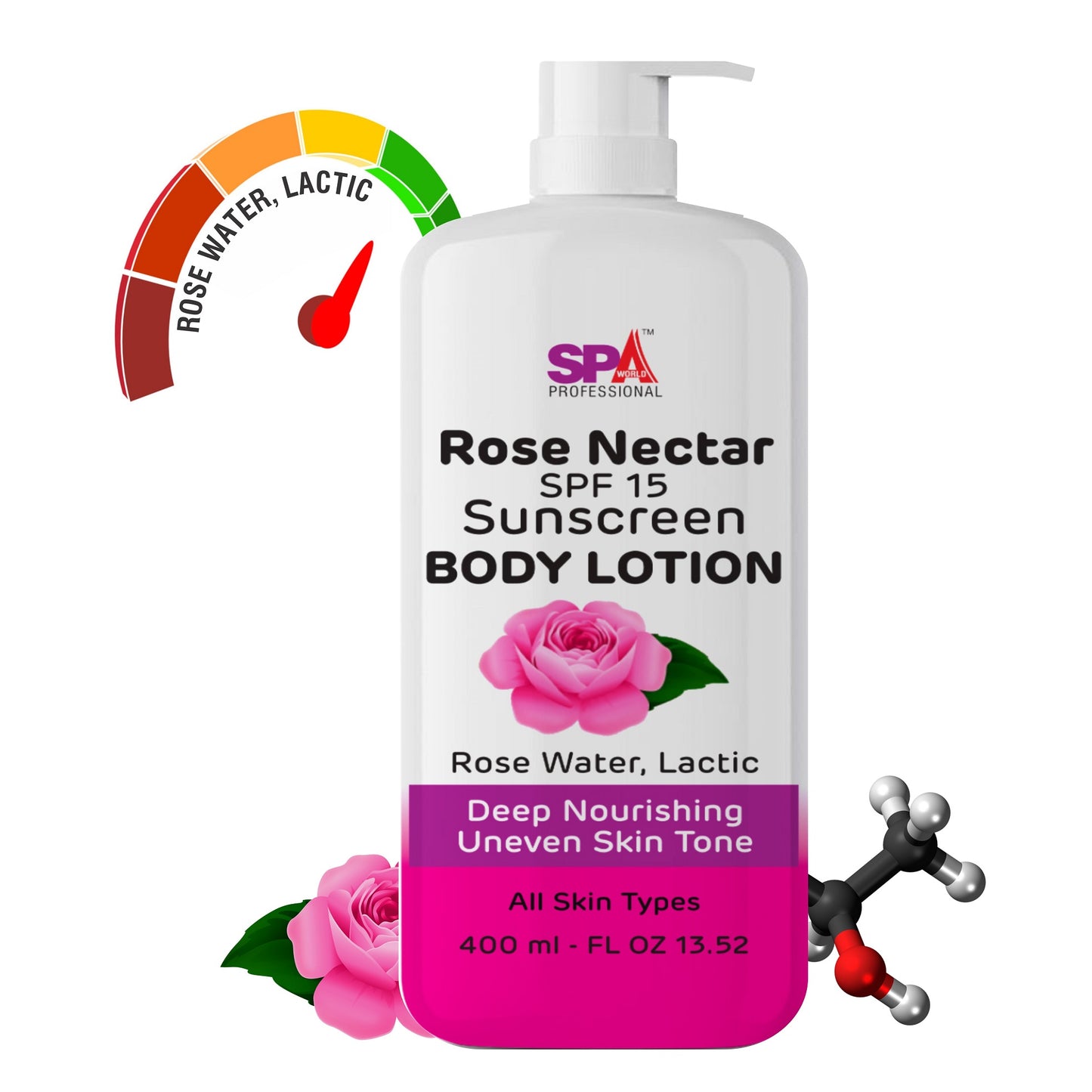 Rose Nectar Body Lotion with SPF 15 Sunscreen- Moisturizes, Deep Nourishment- Rose Water, Lactic Acid, Squalane-400ml